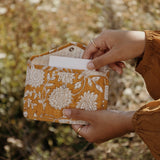 Wallet with push button blockprint mustard