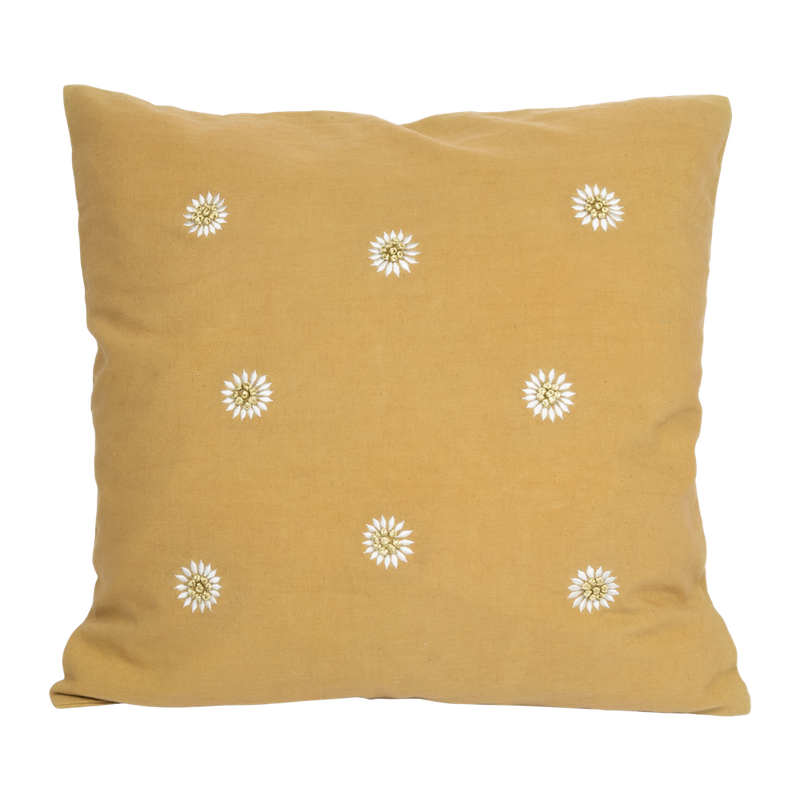 Cotton linen cushion cover embroidered daisies mustard