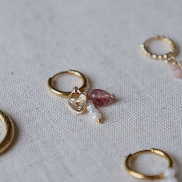 Heart lock earrings Strawberry Quartz pearls