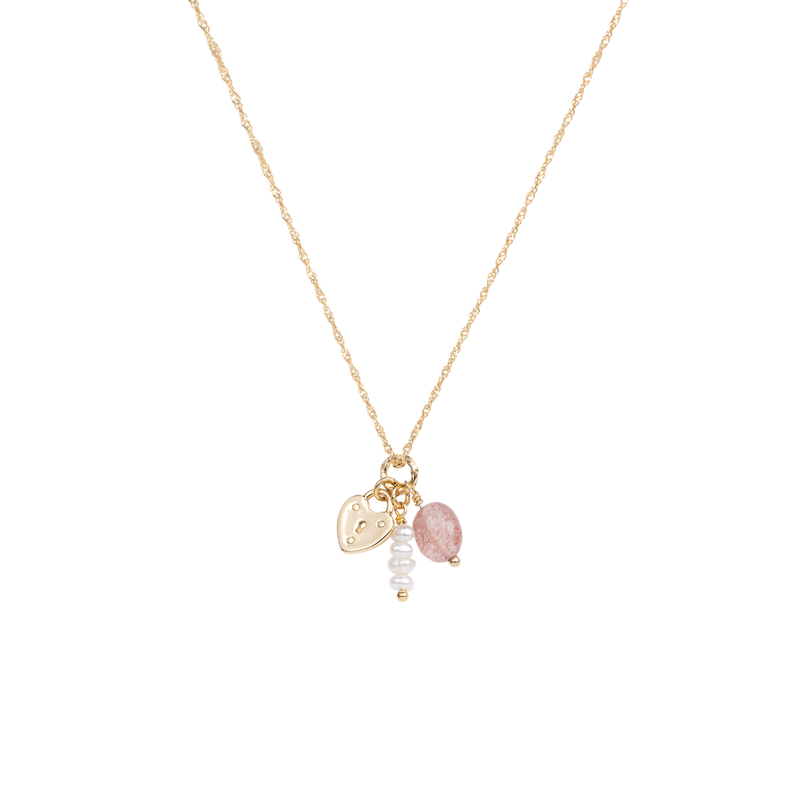 Heart lock necklace Strawberry Quartz pearls